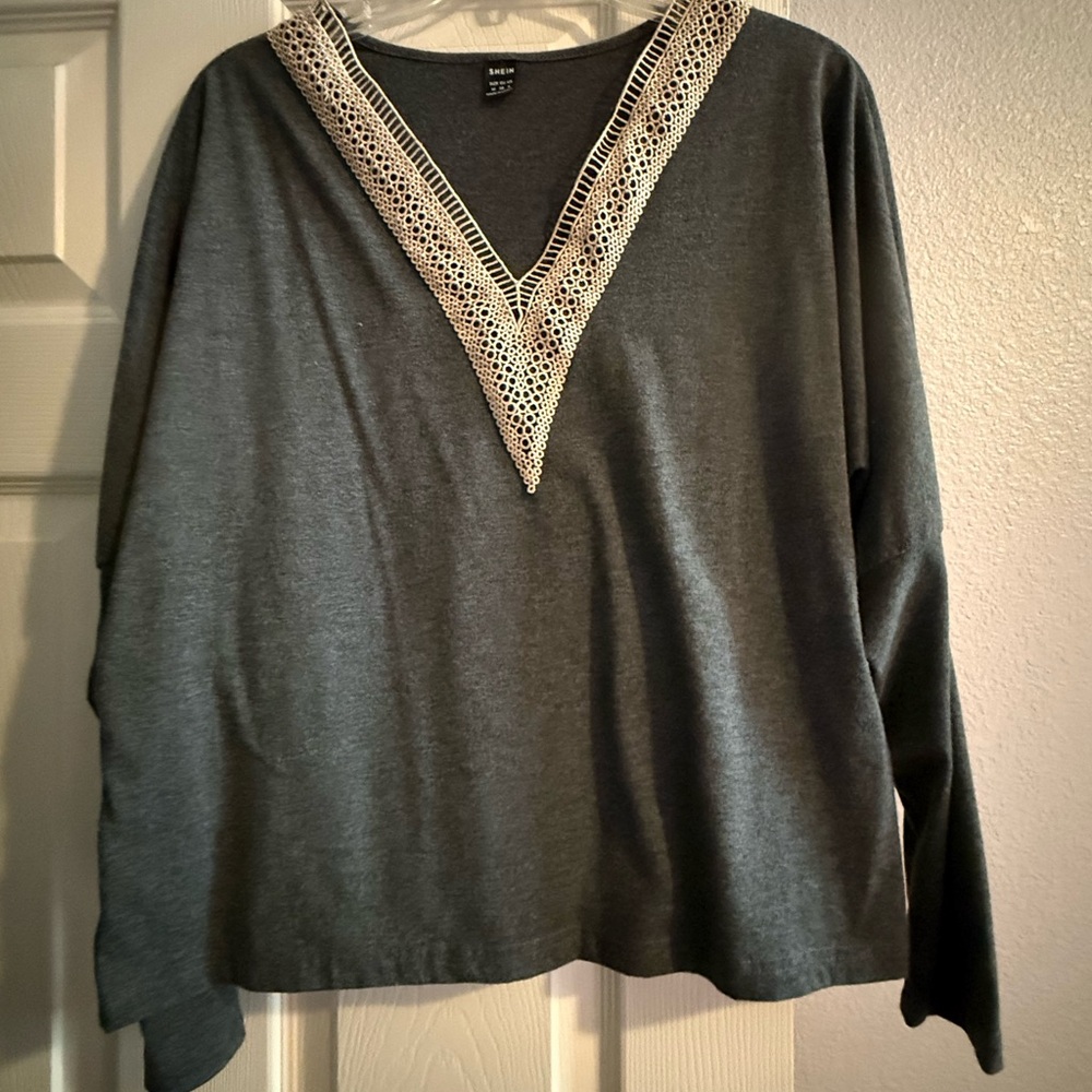 Shein Gray V-Neck Top with Lace Trim